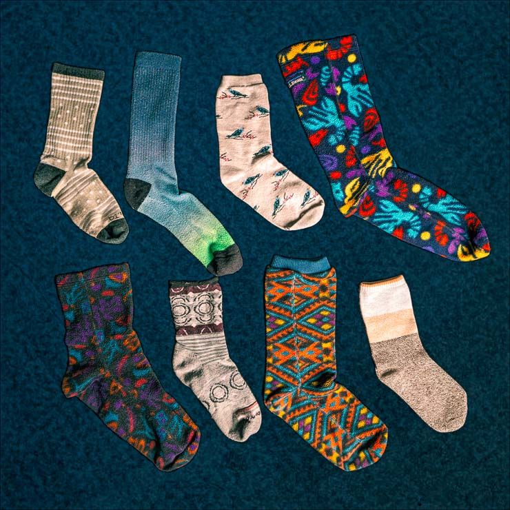 eight individual colorful socks